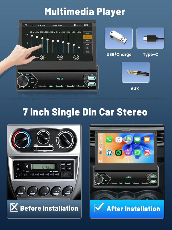 DAB/DAB+ Autoradio 1 DIN mit Ausfahrbarem 7-Zoll-Bildschirm, Unterstützt Wireless Carplay & Android