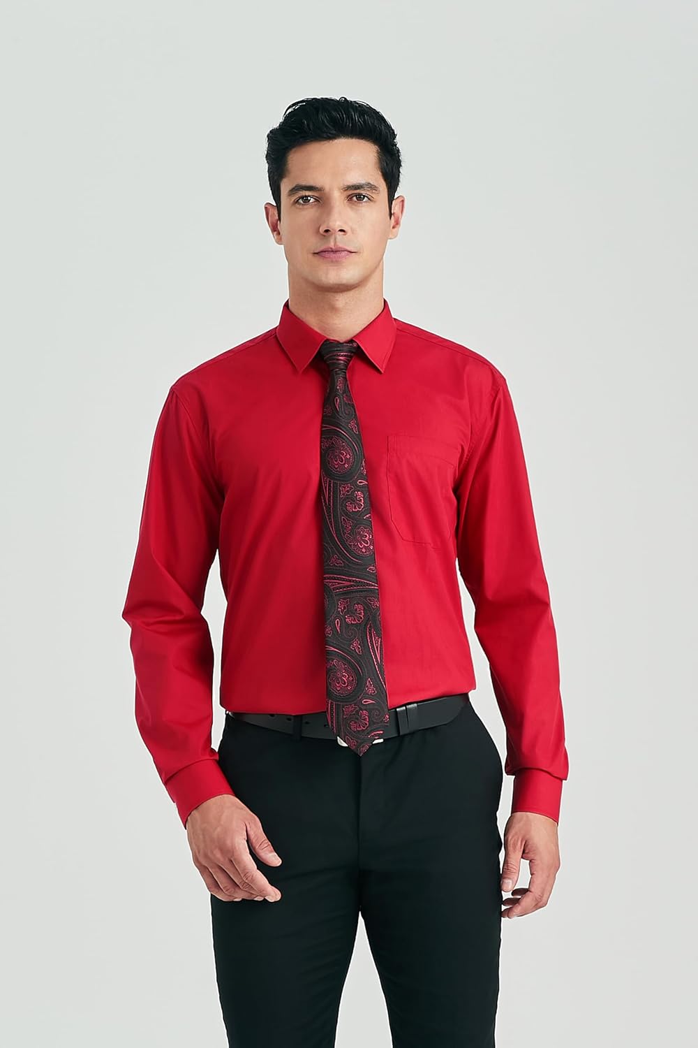 HISDERN Herrenhemd mit Krawatte und Einstecktuch, klassisches Button-Down-Shirt, passende Krawatte u