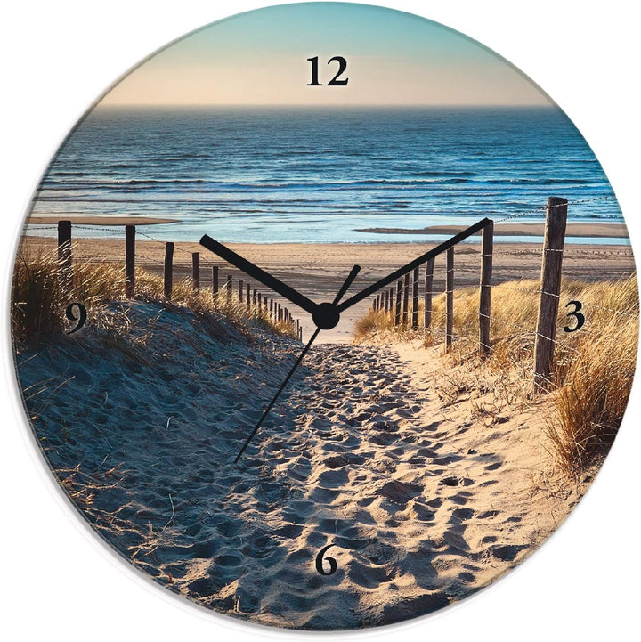 ARTLAND Wanduhr ohne Tickgeräusche Glas Quarzuhr Ø 30 cm Rund Lautlos Strand Meer Düne Nordsee Urlau