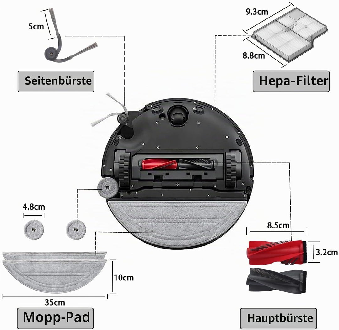 Zubehör für Roborock Saros 10 Staubsauger, 1 Dual-Hauptbürsten, 4 Seitenbürsten, 2 Filter, 4 Wischtü