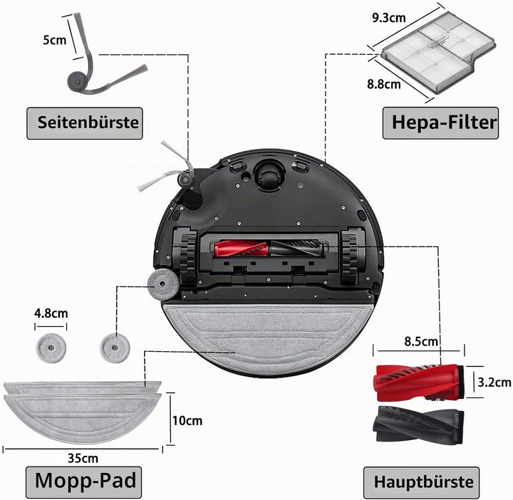 Zubehör für Roborock Saros 10 Staubsauger, 1 Dual-Hauptbürsten, 4 Seitenbürsten, 2 Filter, 4 Wischtü
