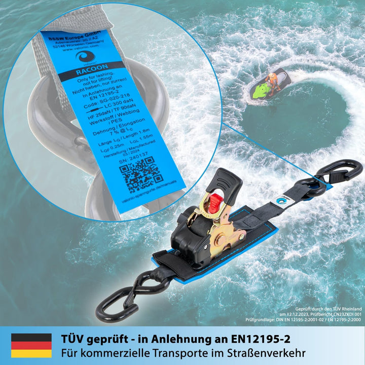 valonic Racoon - 2X 1,8m Automatik Spanngurt mit Haken, gepolstert, 25mm, 300/600Kg, EN-12195-2, mit