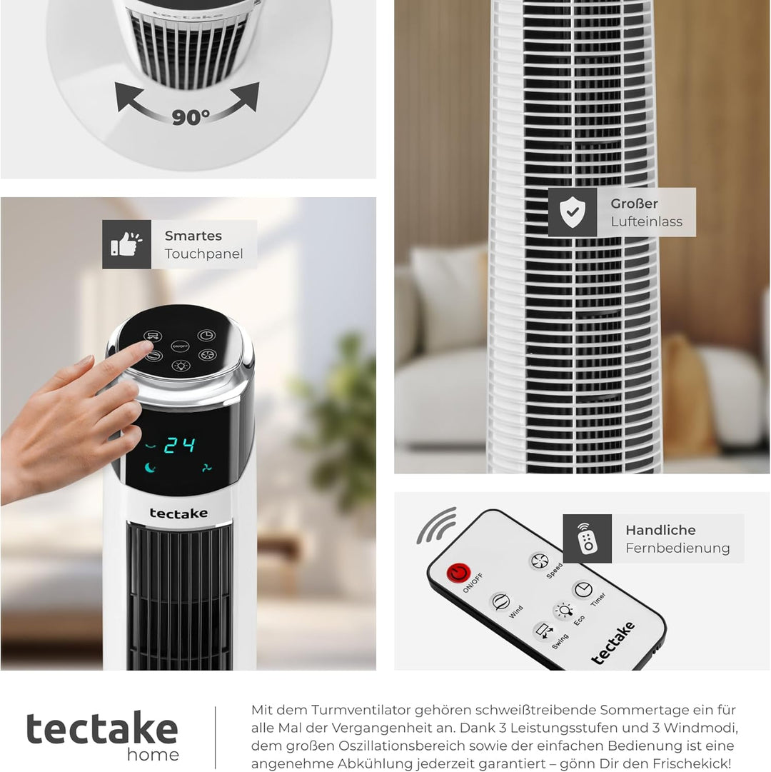 TecTake® Turmventilator, 93 cm, extrem leise, energiesparend, 90° Schwenkfunktion, 3 Modi, 3 Stufen,