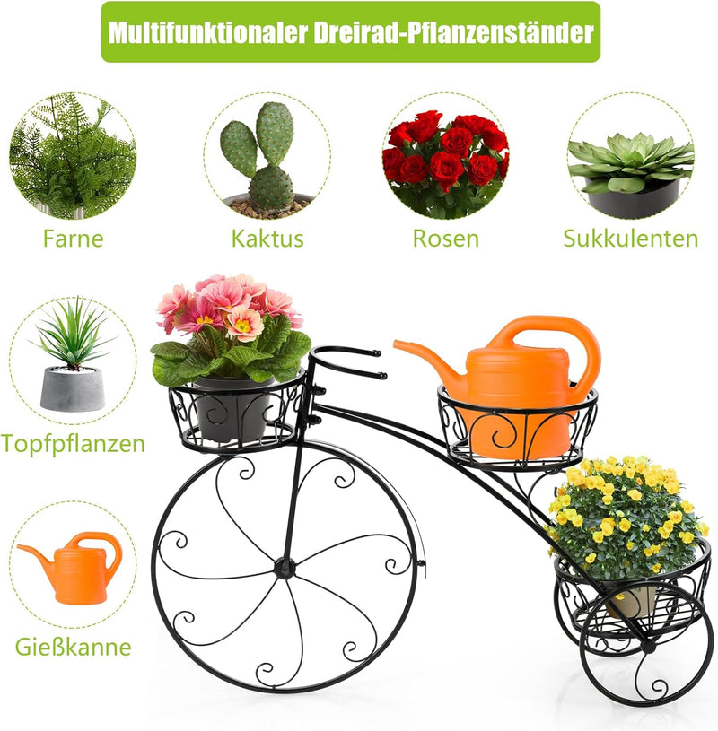 RELAX4LIFE Blumenständer Metall, Pflanzenregal Fahrrad Form, Pflanzenständer mit 3 Körben, Blumenreg