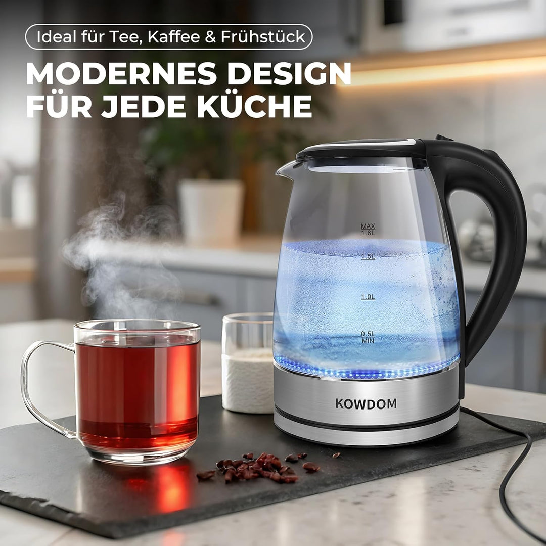Glas-Wasserkocher 1,8L aus Borosilikatglas & BPA-frei - 2200W mit Blitzaufheizung | Automatische Abs
