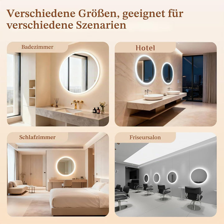 Clevich Badspiegel mit Beleuchtung rund 60 cm, LED Spiegel mit 3 Lichtfarben dimmbar, gehärtetes Gla