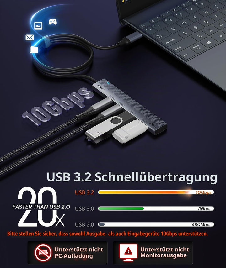 Aceele USB C Hub 3.2 Gen 2 Splitter, 10 Gbit/s USBC Multiport Adapter mit 2 USB-A und 2 USB-C-Anschl