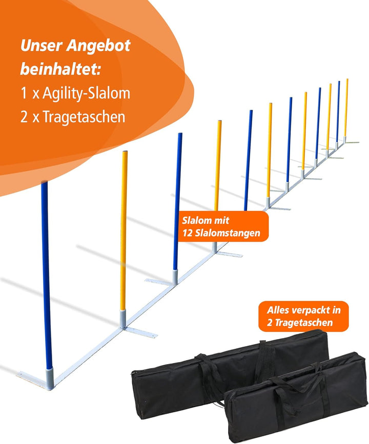 Agility-Slalom – Slalom für Turnier & Agility-Training – mit 12 Stangen & und Basis aus Metall – sta
