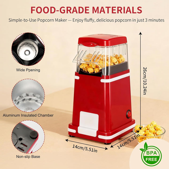 Cozary Popcornmaschine, 1200W Popcorn Maker mit Heissluft für fettfreies Popcorn, mit Messbecher, Re