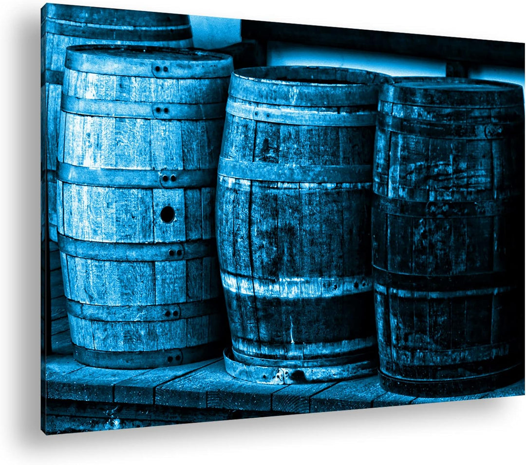 deyoli alte Holzfässer mit Wein Format 80x60 Effekt: Monocrome Blau als Leinwandbild, Motiv fertig g