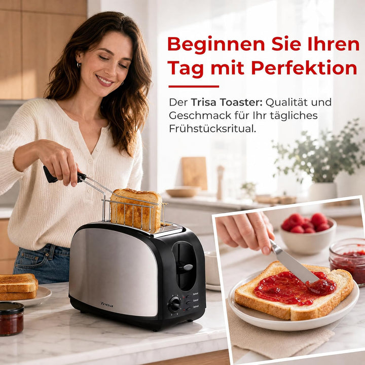 Trisa Toaster 2 Scheiben - 8 Bräunungsstufen, Edelstahlgehäuse, 600W Schnellaufheizen，Toaster mit Br
