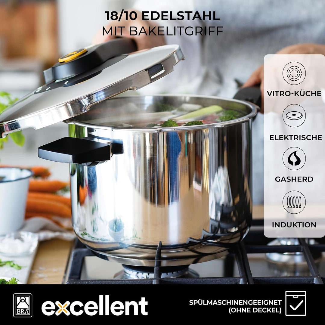 BRA Excellent | 4-Liter-Schnellkochtopf mit einfachem Öffnen, aus Edelstahl 18/10, mit 2 Kochprogram