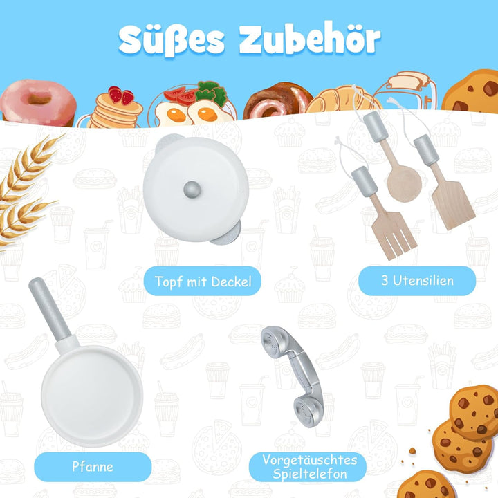 COSTWAY Kinderküche mit Spielzubehör, Licht und Sound, Kinder Spielküche Holz mit Mikrowelle & Wasse