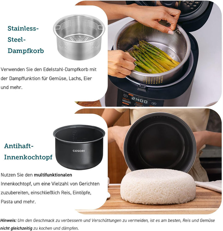 COSORI Reiskocher, Multikocher mit 17 Programme, Rice Cooker 1,8 L, Fuzzy-Logik, Dampfgarer mit Edes