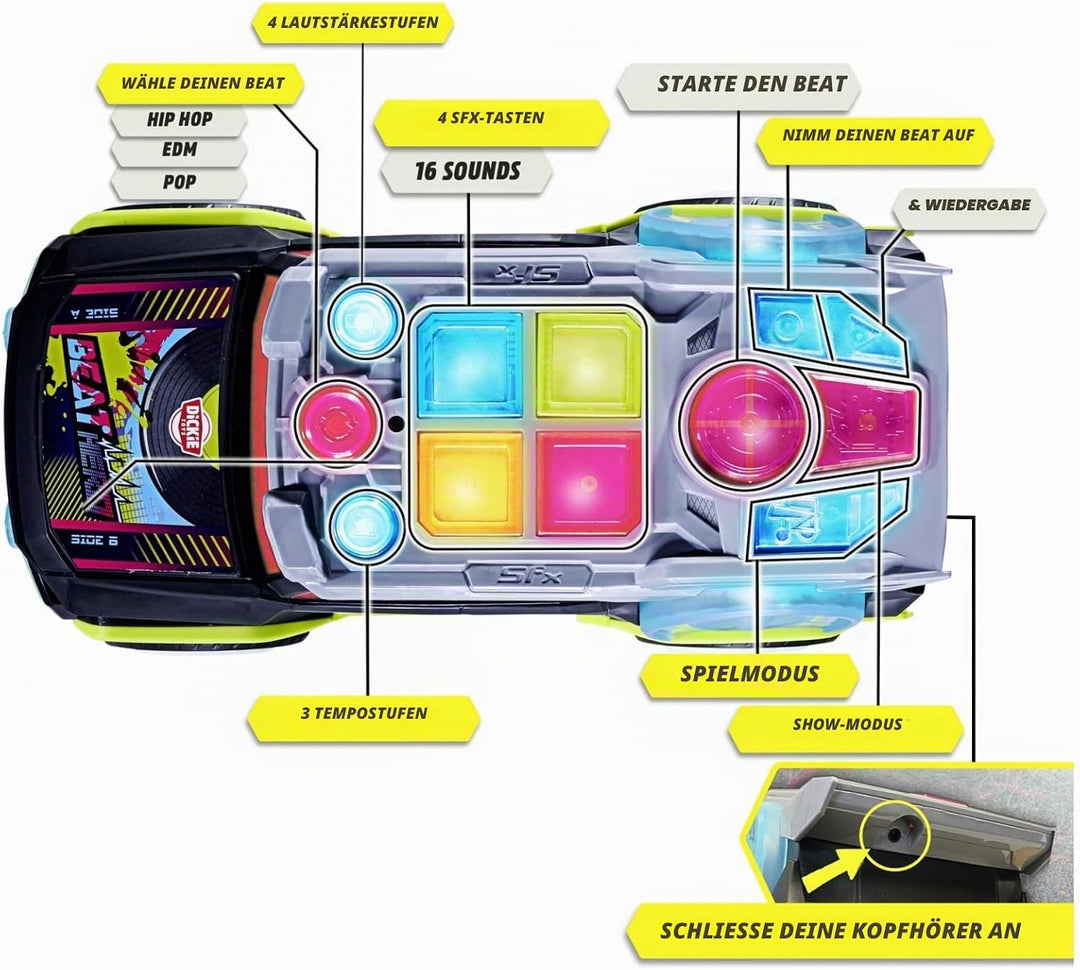 Dickie Toys - Beat Hero Spielzeugauto mit DJ-Pult und 22 Sounds, Auto mit Hip-Hop, Pop und Elektroni