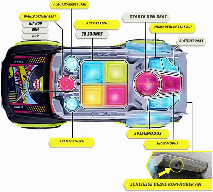 Dickie Toys - Beat Hero Spielzeugauto mit DJ-Pult und 22 Sounds, Auto mit Hip-Hop, Pop und Elektroni