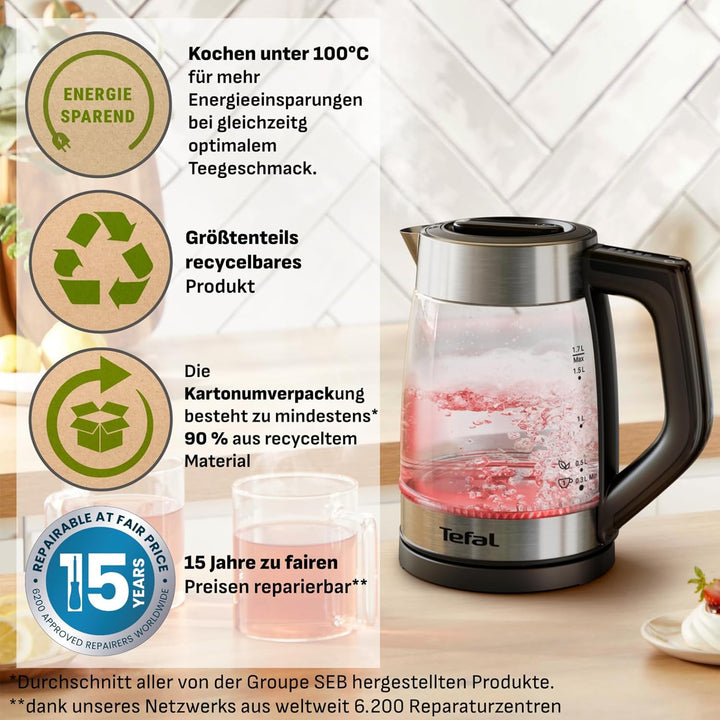 Tefal Express elektrischer Wasserkocher, 1,7 Liter, Griffsteuerung, 5 Temperaturstufen, Farbanzeige,