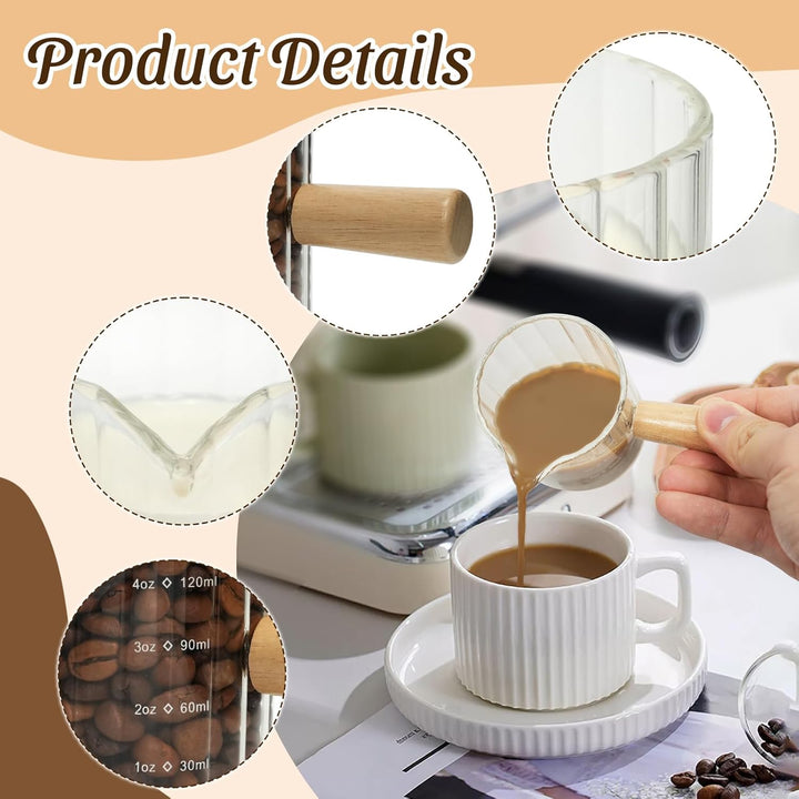 Espressotassen 2er-Set, 118 ml Espresso-Shotgläser mit Holzgriff, Tassen mit V-förmigen Ausgiessern,