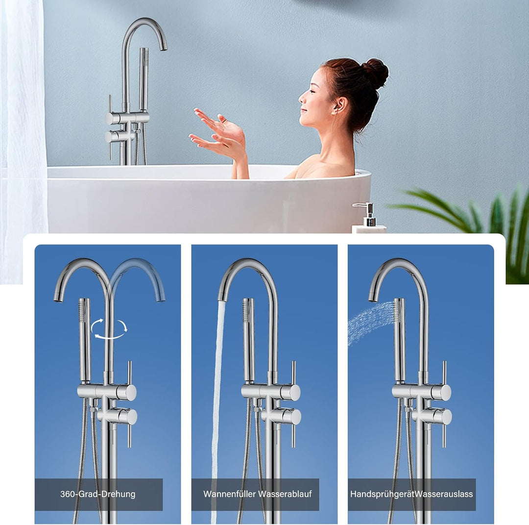 Rozin Badewannenarmatur Freistehende Badewanne Armatur Chrom Messing 360 Grad Schwenkauslauf Badewan