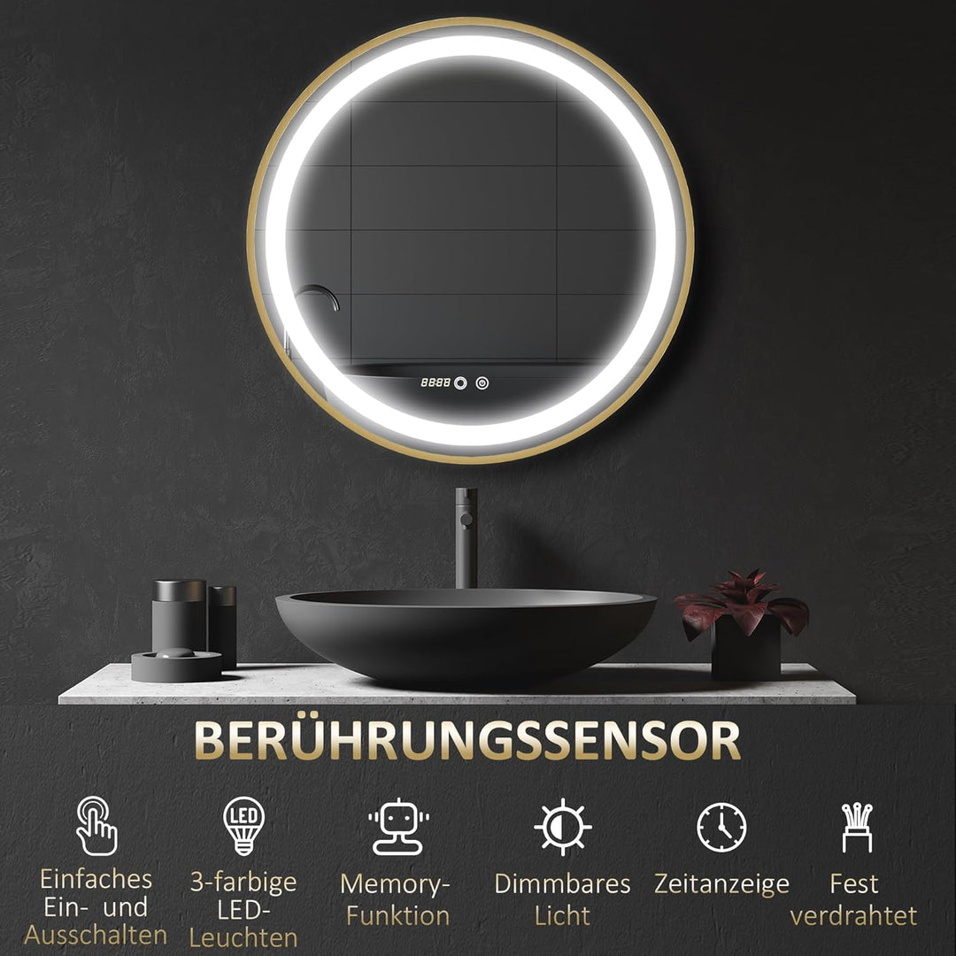 kleankin Badspiegel, Dimmbarer Wandspiegel mit Memoryfunktion, Runder Lichtspiegel mit Zeitanzeige,
