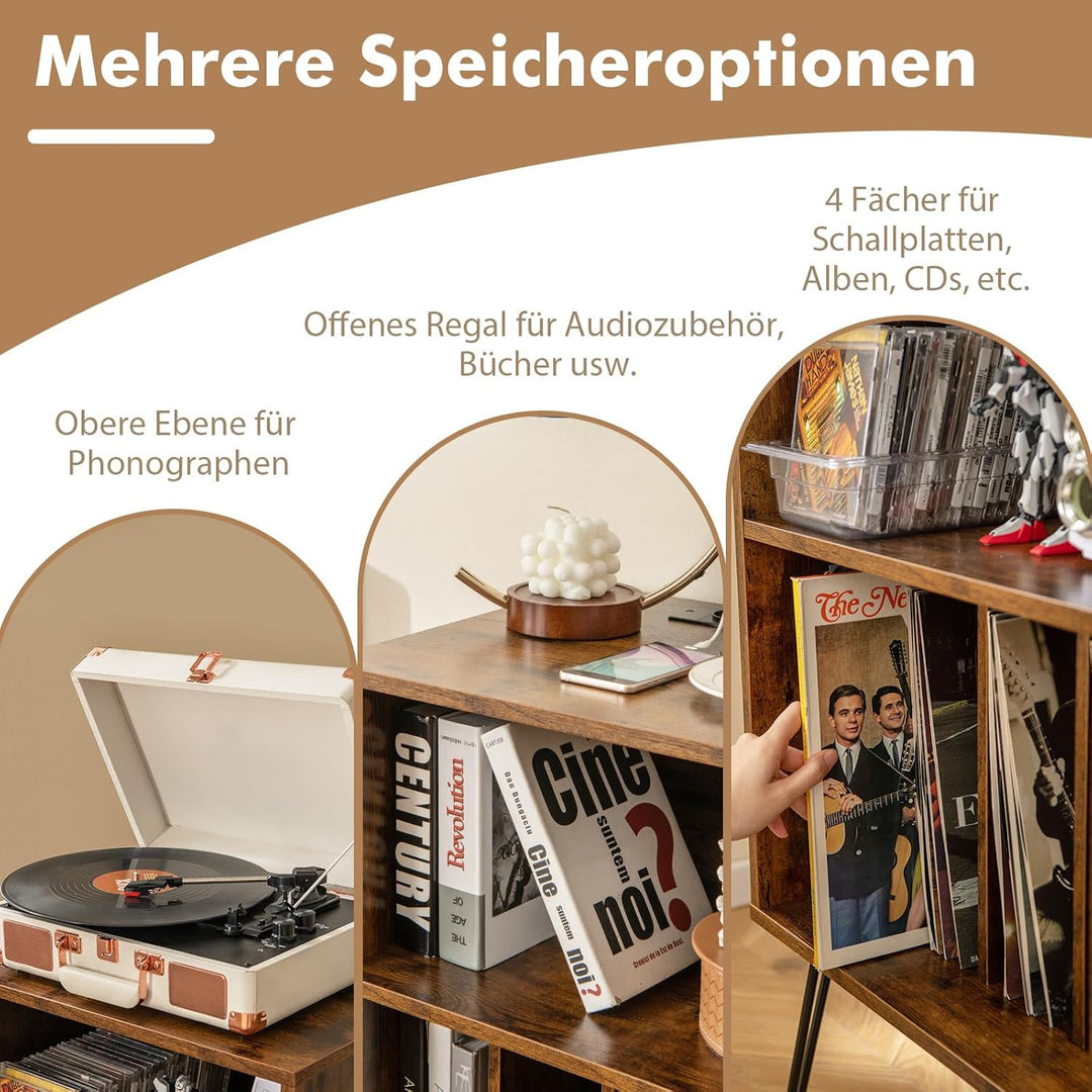 COSTWAY Plattenspieler-Ständer mit Ladestation, 3-stufiger Schallplattenständer, Vinylplatten Aufbew