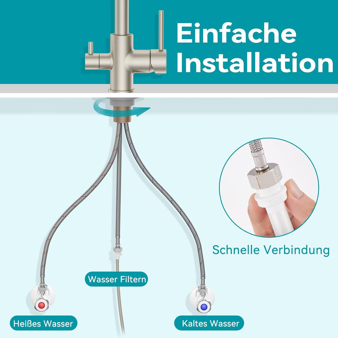 FORIOUS Wasserhahn Küche, 3 Wege Wasserhahn Mischbatterie Küche, Zweigriffige Edelstahl-Spülarmature