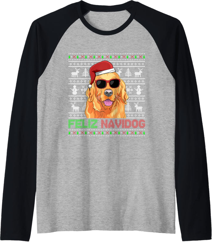 Golden Retriever Hund Feliz Navidog Lustig Weihnachten Raglan