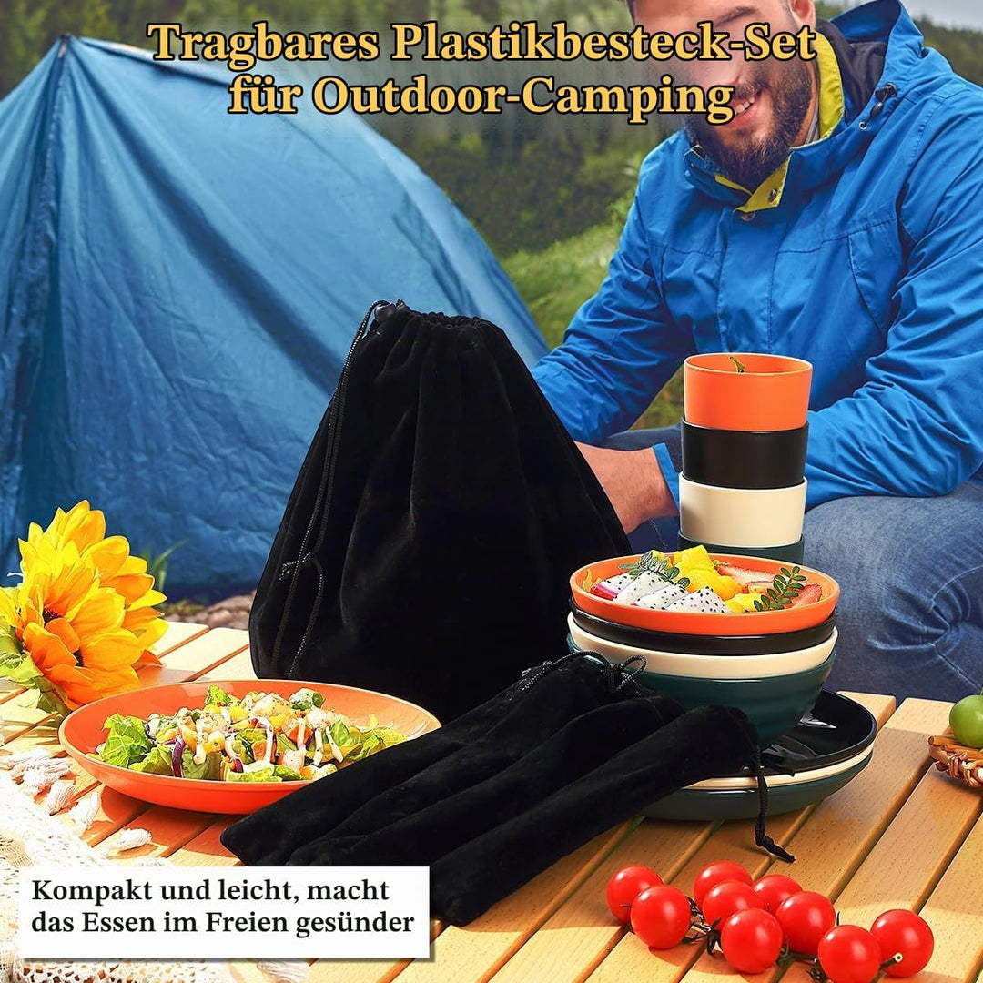 Kyraton Camping Besteck Set, wiederverwendbarer Leichter Becher, Schalen, Teller und Edelstahlbestec