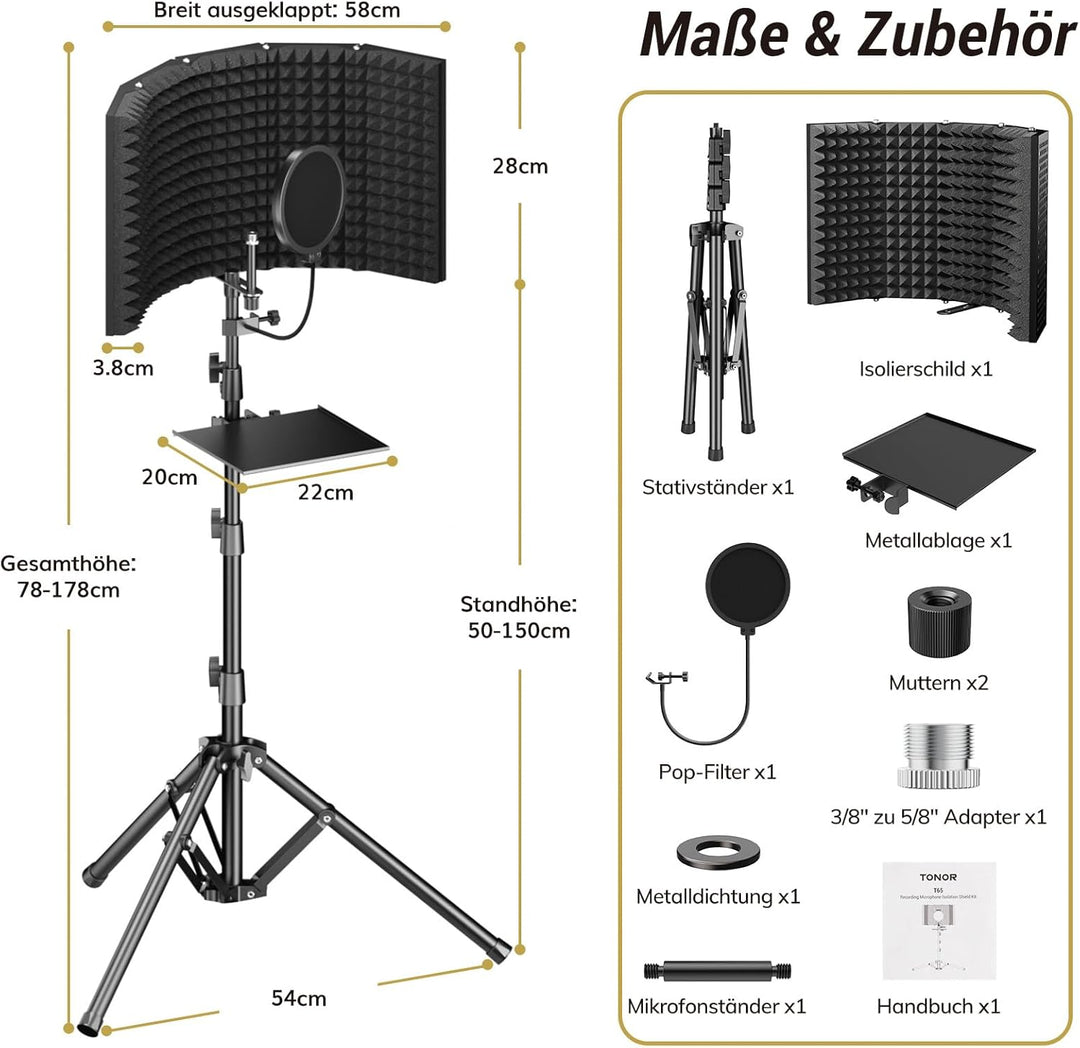 TONOR Isolationsschild-Paket für Mikrofon, hochdichter, Saugfähiger Schaumstoffschutz mit Pop-Filter