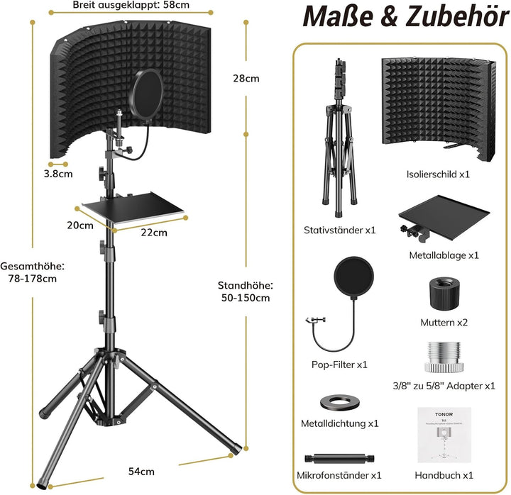 TONOR Isolationsschild-Paket für Mikrofon, hochdichter, Saugfähiger Schaumstoffschutz mit Pop-Filter