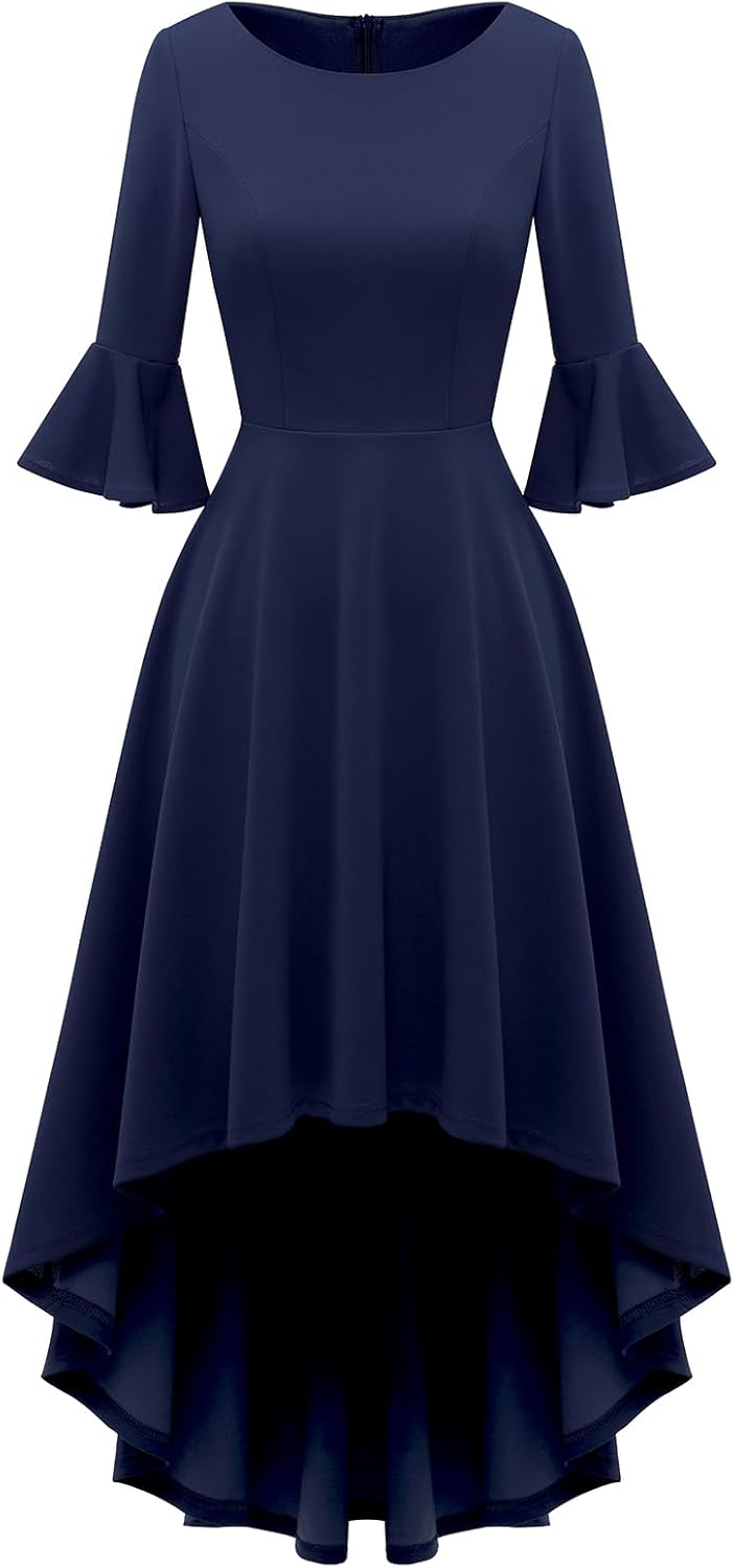 Gardenwed Festliches Kleid Damen 3/4 arm Flare Bell Sleeve Rundhals Kleider High-Low Cocktailkleider