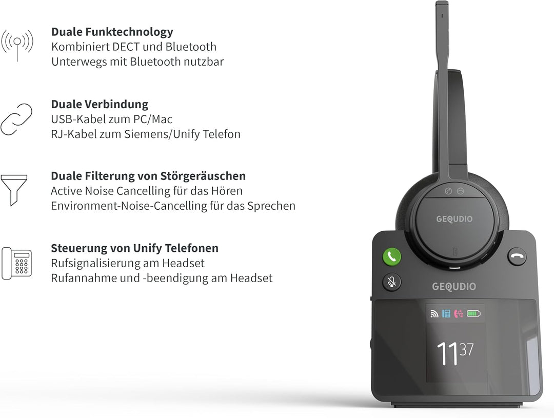 GEQUDIO GC-4+B DECT & Bluetooth Dual Headset aktiver Geräuschunterdrückung für PC (Windows) Mac (App
