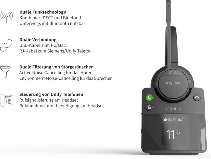 GEQUDIO GC-4+B DECT & Bluetooth Dual Headset aktiver Geräuschunterdrückung für PC (Windows) Mac (App
