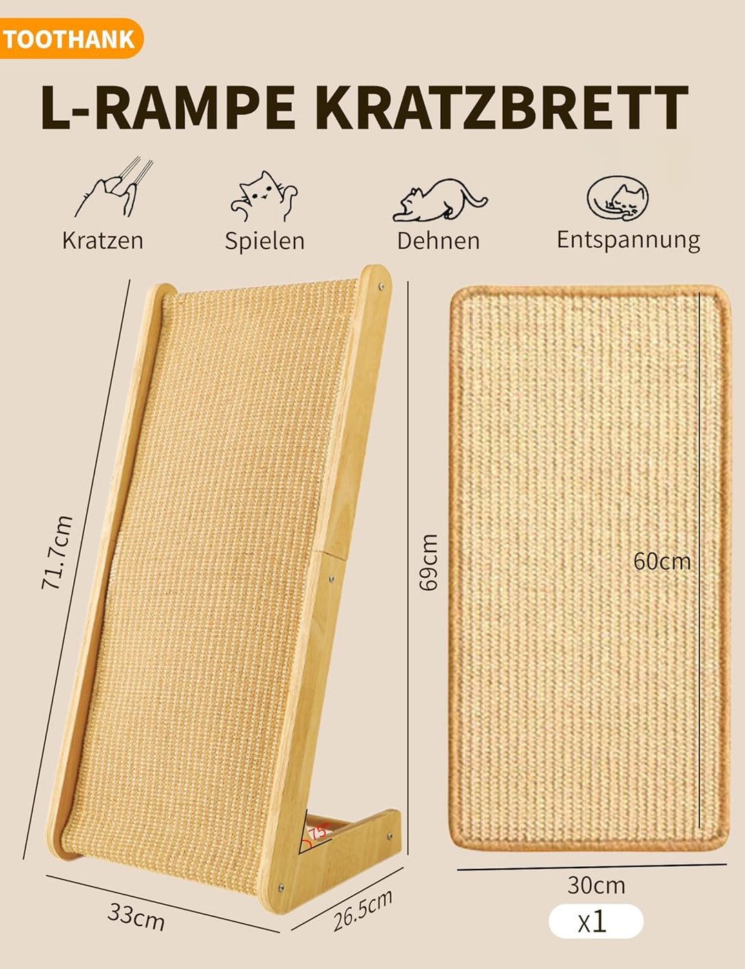 Kratzbrett Katzen, Large 69cm H, Sisal Kratzbrett Katze, Massives Holz &amp; Natürliches Sisal Katzen kr