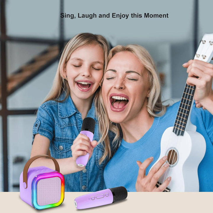 Karaoke Maschine Kinder, tragbarer Bluetooth-Lautsprecher mit LED und 2 drahtlosen Mikrofonen, kompa