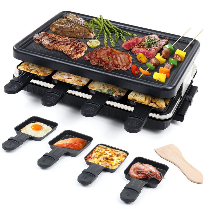 Raclette 8 Personen - Raclette Grill Antihaft Beschichtung Grillpfanne mit 8 Mini Raclette Pfännchen
