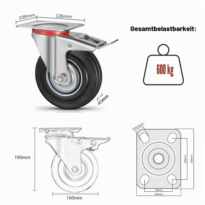 8 Stück Schwerlastrollen 160 mm Lenkrollen Transportrollen mit Feststeller, belastbar bis 600 kg Pal