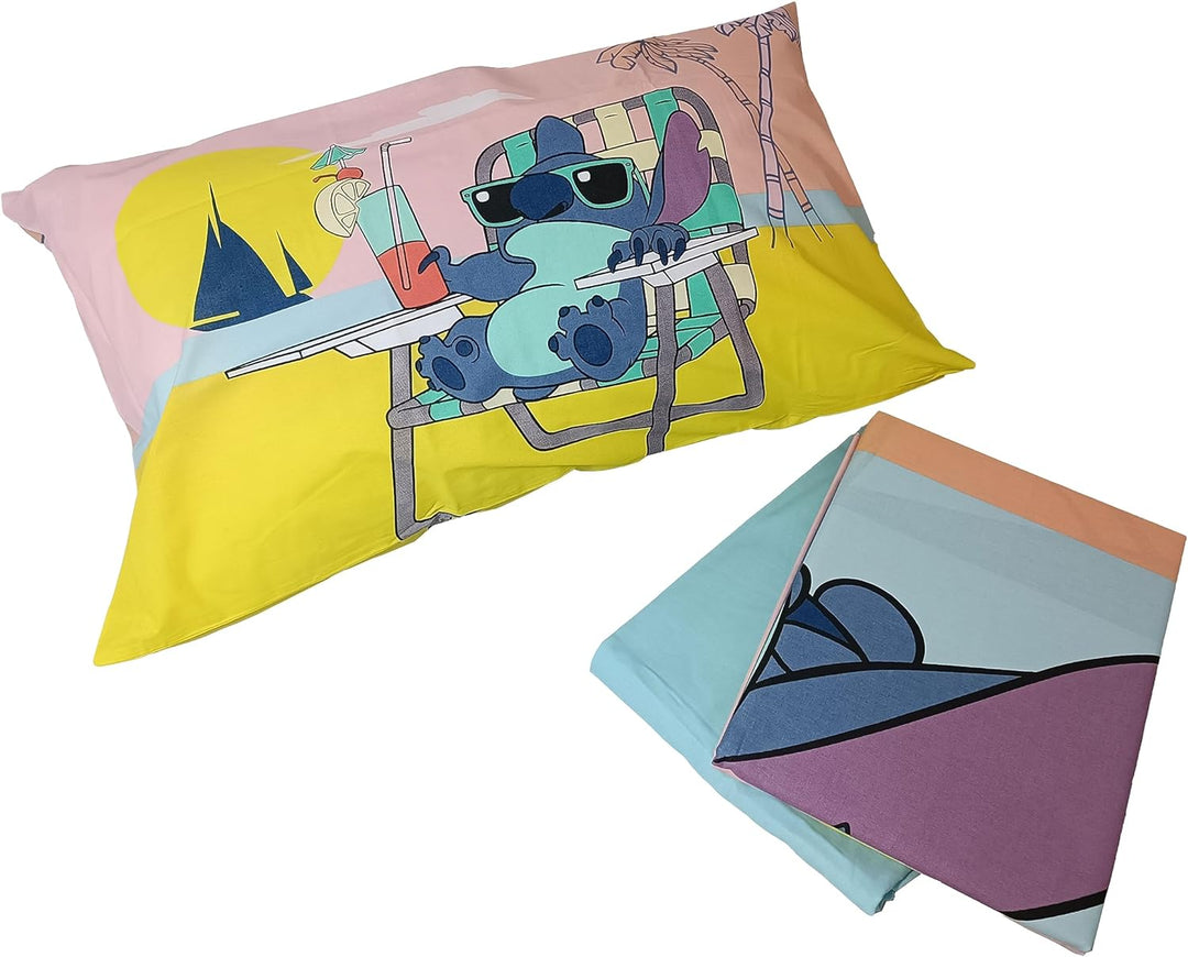 Stitch, Bettlaken für Einzelbett, Spannbettlaken, Kissenbezug, Blau, Disney, 100% Baumwolle, offizie