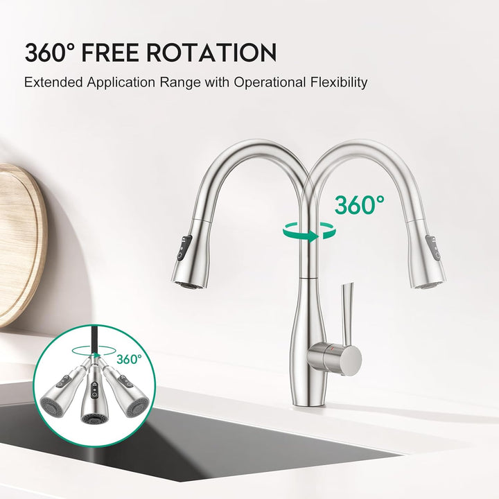 CREA Wasserhahn Küche mit 3 Funktionen Brause, Küchenarmatur mit Ausziehbarer Brause, 360° Drehbar M
