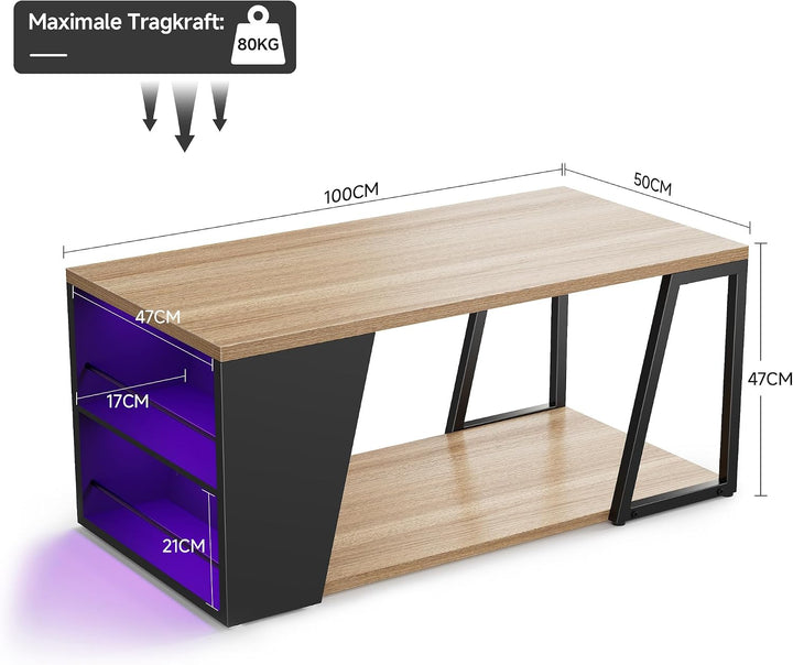 Gyfimoie Couchtisch mit Stauraum, Wohnzimmertisch mit Verstellbarer LED, Sofatisch mit Regal, Beiste