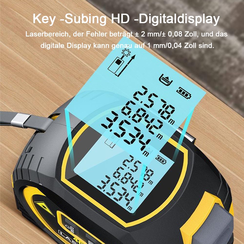 Laser Messgerät Massband, 3 in 1 Digital Laser Entfernungsmesser mit LCD -Display, Lasermessung 131