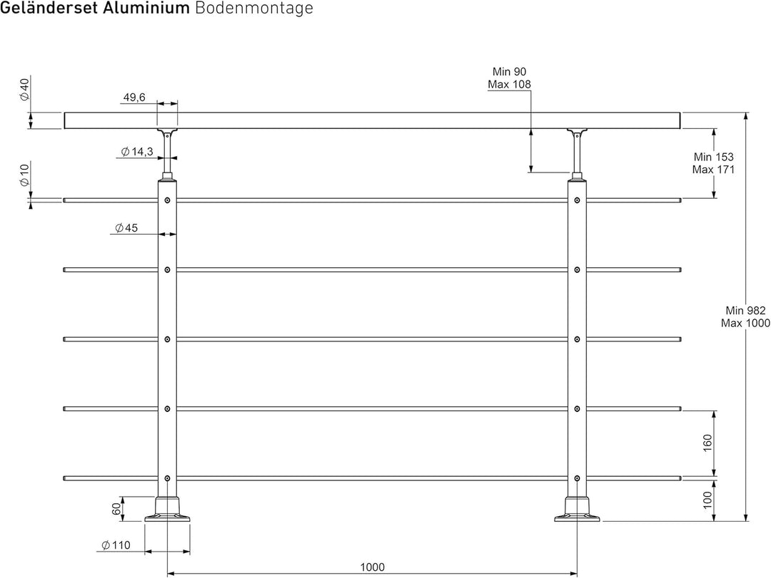 DOLLE Aluminium Geländer-Set Handlauf aus Eiche Füllstäbe aus Edelstahl aufgesetzte Montage 150 cm A