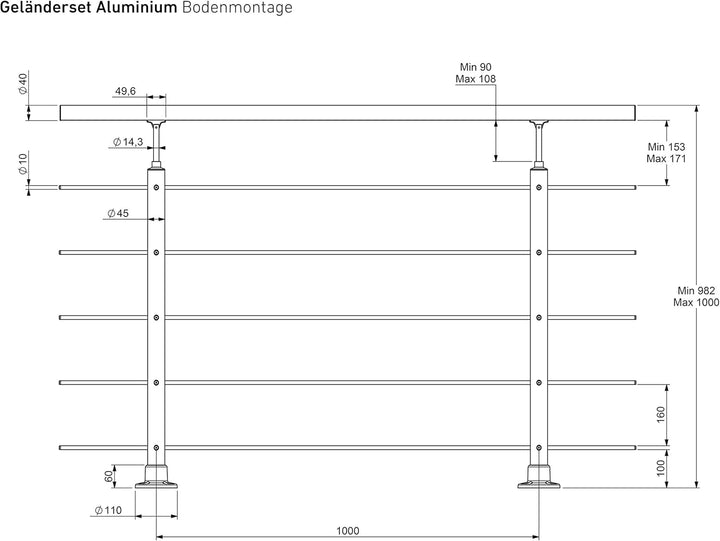 DOLLE Aluminium Geländer-Set Handlauf aus Eiche Füllstäbe aus Edelstahl aufgesetzte Montage 150 cm A