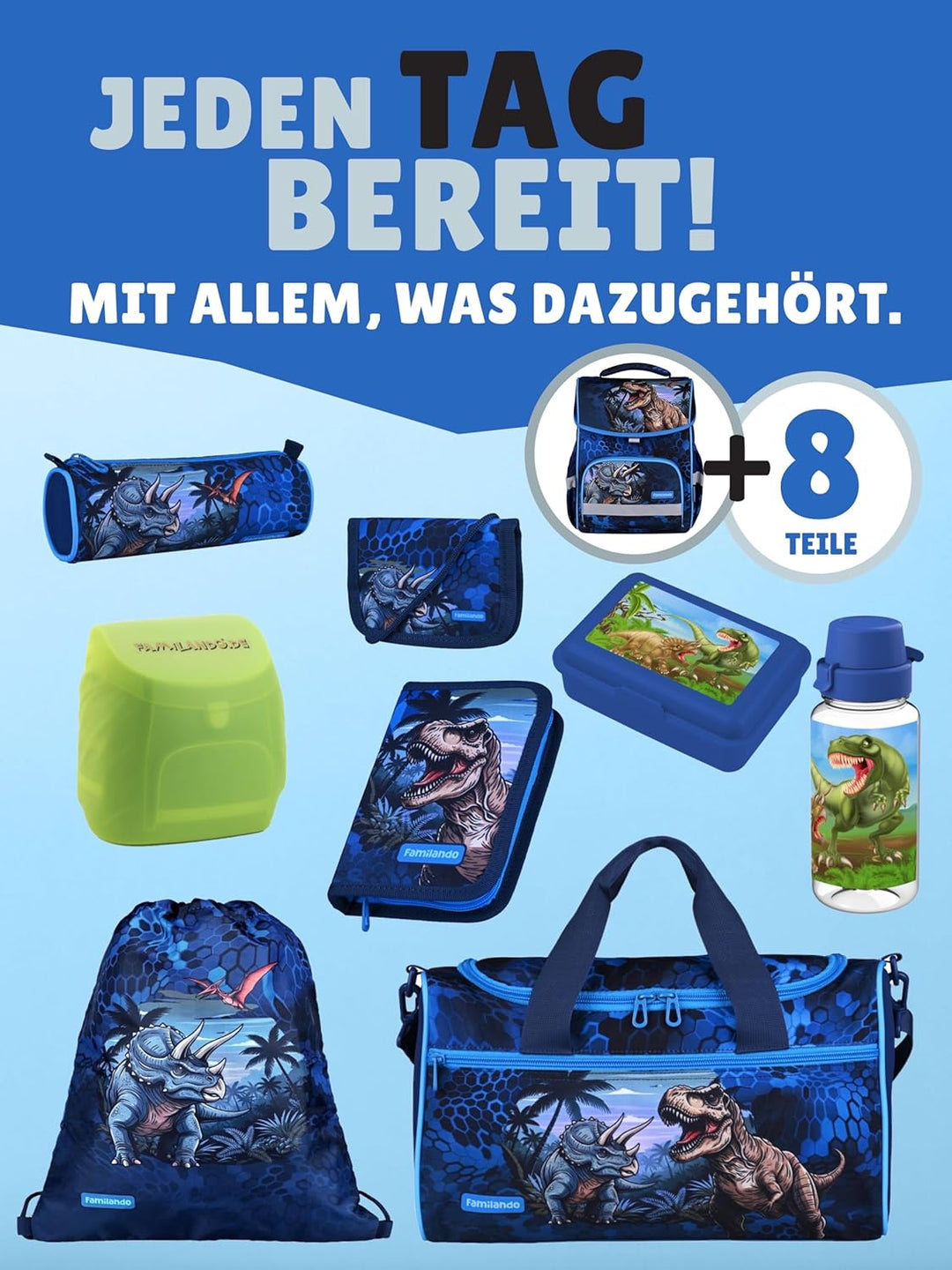 Familando - Basic-Plus Schulranzen Set - 9-teilig mit Sporttasche - T-REX Dino - Ergonomisch, stabil