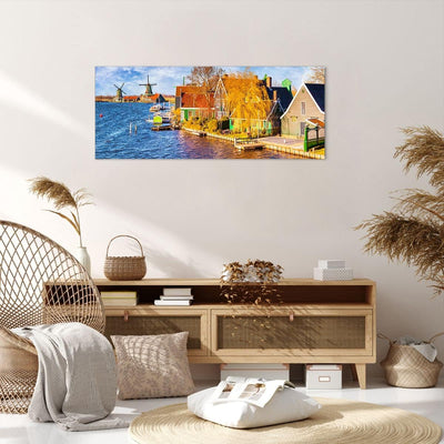 Wandbilder Dekoration Wohnzimmer Landschaft Windmühle Wasser Dorf Panorama Bilder auf Leinwand 120x5