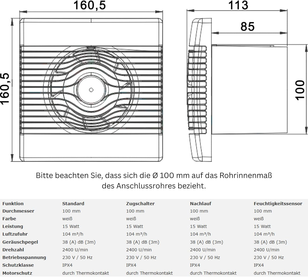 MKK Wohnraumventilator 100mm Wandmontage Lüfter Leise Badlüfter Weiss (Nachlauf), Nachlauf