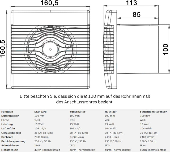 MKK Wohnraumventilator 100mm Wandmontage Lüfter Leise Badlüfter Weiss (Nachlauf), Nachlauf