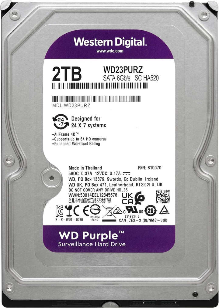 WD Purple interne Festplatte 2 TB (3,5 Zoll, Festplatte für Überwachungskamera, AllFrame-Technologie