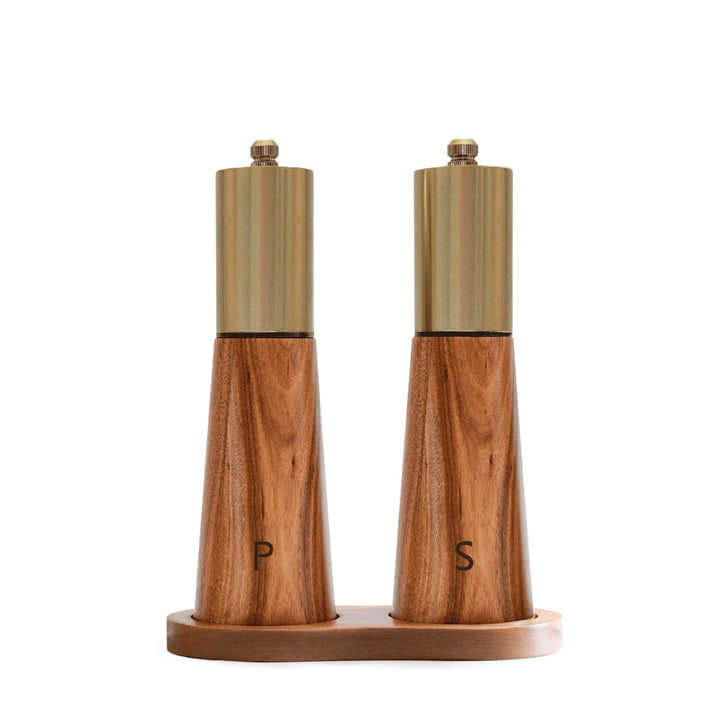 Set aus Goldenen Salz und Pfeffermühlen Mit Holzsockel, Manuelle Salz und Pfeffermühlen Mahlwerk aus