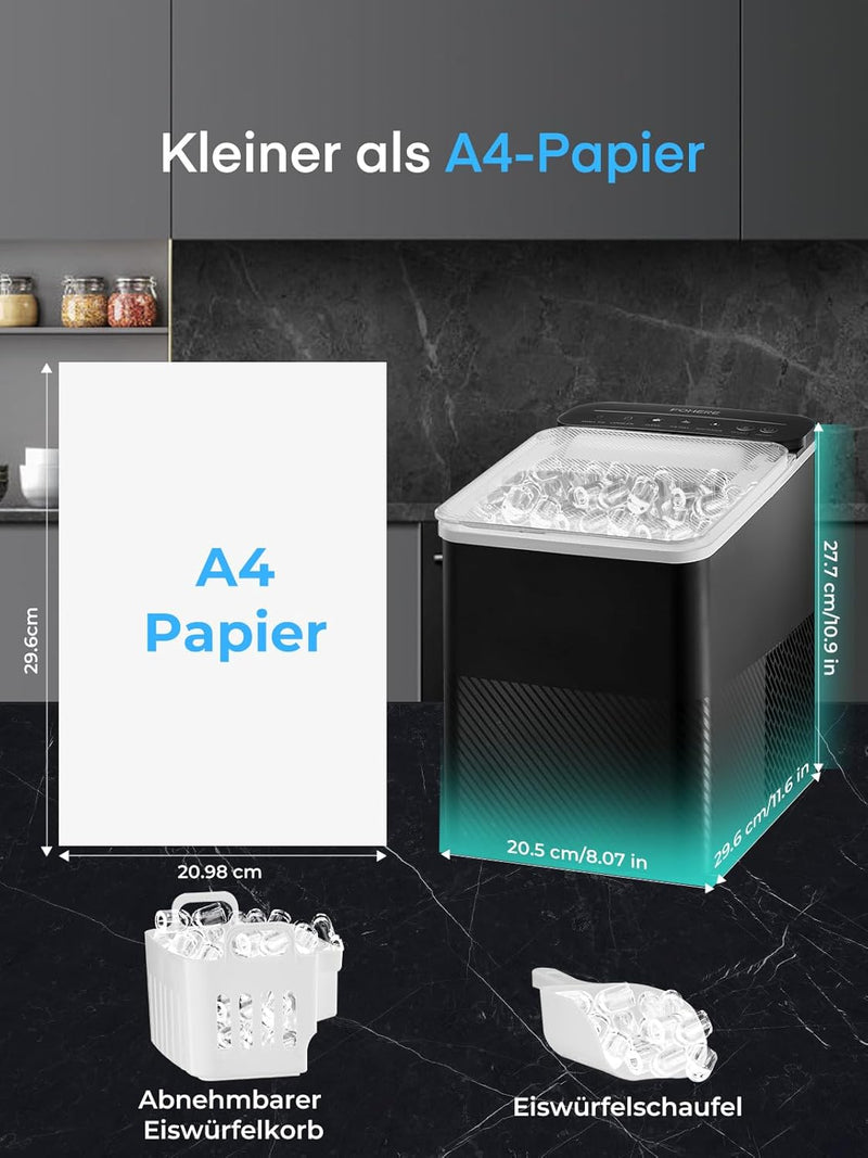 FOHERE Eiswürfelmaschine Klein, 12 Kg/24h, 9 Eiswürfel in 5 Minuten, 2 Eiswürfel Grössen, Selbstrein